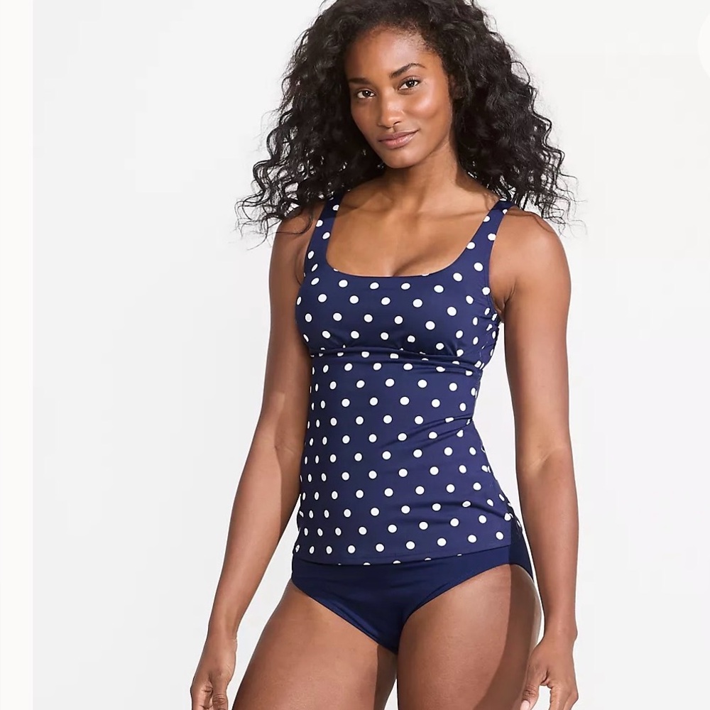 Lands End Tankini Swimsuit Top Navy and White Polka Women Size 14 w/ Underwire